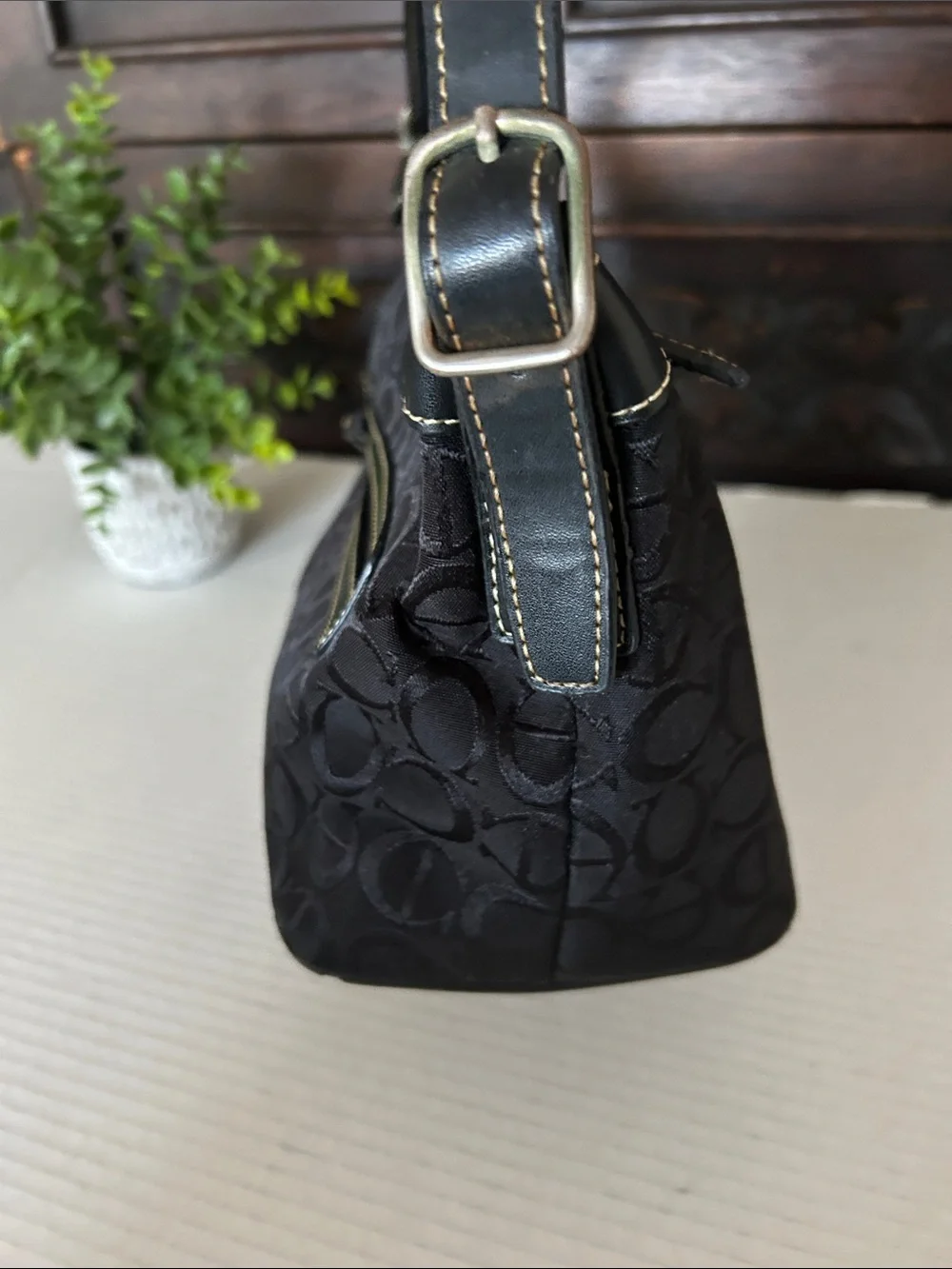 Coach Black Signature Jacquard Shoulder Bag with Cream Center Stripe